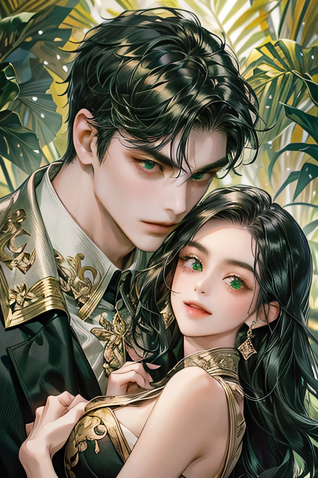 Couple, black hair, javanese prambanan style, masterpiece, best quality, realistic, romantic and charming, 29 years old, light green eyes, serious, extremely detailed face, smile,, ((short-right-swept dark black hair)), [thick eyebrows], green suit , accurate, detailed