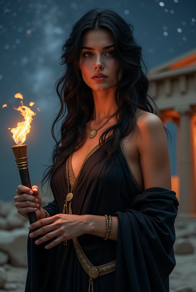 Young greek goddess of witchcraft and magic, with ((black hair)) and ((dark eyes)), ((is very fair-skinned)), mysterious and cool beauty, wears a ((black)) greek toga with golden pattern, holding a torch, ancient greek temple and stary night sky in background, Greek mythology, mysterious, Photorealistic, Mythic fantasy, Hyper-Realism, ultra-quality, Super Detail, ultra accurate description of hands, masterpiece, 8K, HDR