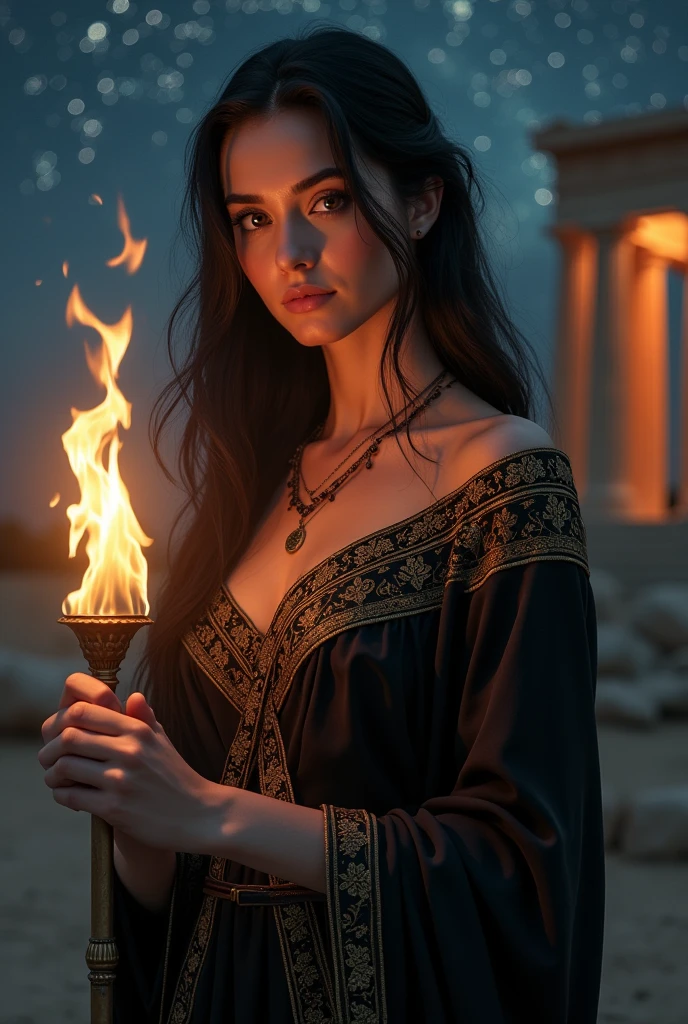 Young greek goddess of witchcraft and magic, with ((black hair)) and ((dark eyes)), ((is very fair-skinned)), mysterious and cool beauty, wears a ((black)) greek toga with golden pattern, holding a torch, ancient greek temple and stary night sky in background, Greek mythology, mysterious, Photorealistic, Mythic fantasy, Hyper-Realism, ultra-quality, Super Detail, ultra accurate description of hands, masterpiece, 8K, HDR