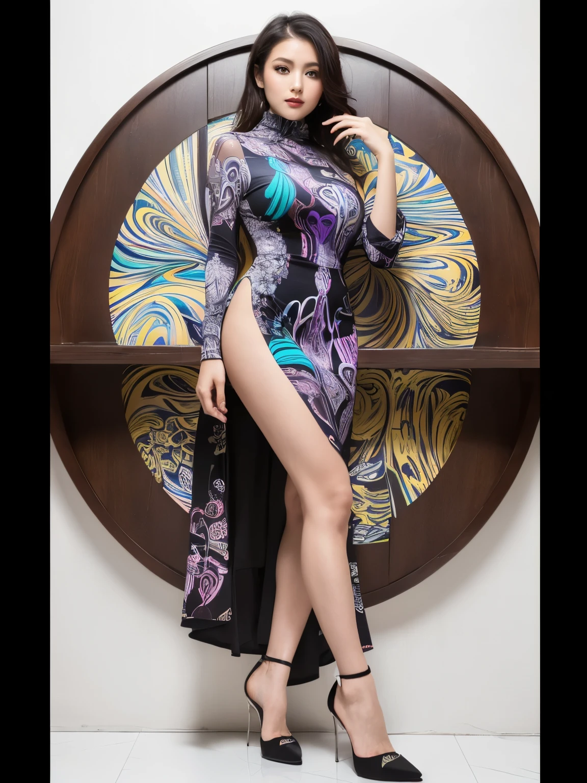 One girl,, mAster Piece,Highest quality,Aster Piece,beautiful,Highly detailed CG Unity 8k wallpaper, (Modern cut high-neck dress with abstract Art Nouveau print in random color:1.4), accessorized with (minimalist geometric silver necklace:1.2), and (stylish matte black stilettos:1.1), Full Body Shot:1.14,　Random Porn Poses, Ultra-realistic pantyhose