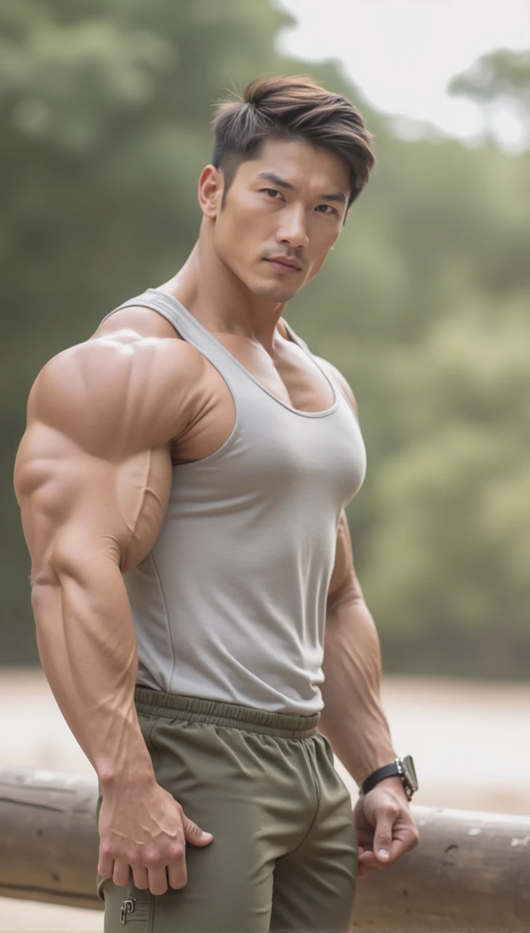 Asia man gymer wearing full vest , big muscle, height 190 cm, big shoulder, big muscle foot, (draww eye detail), (realestic),tight black shiny tank top