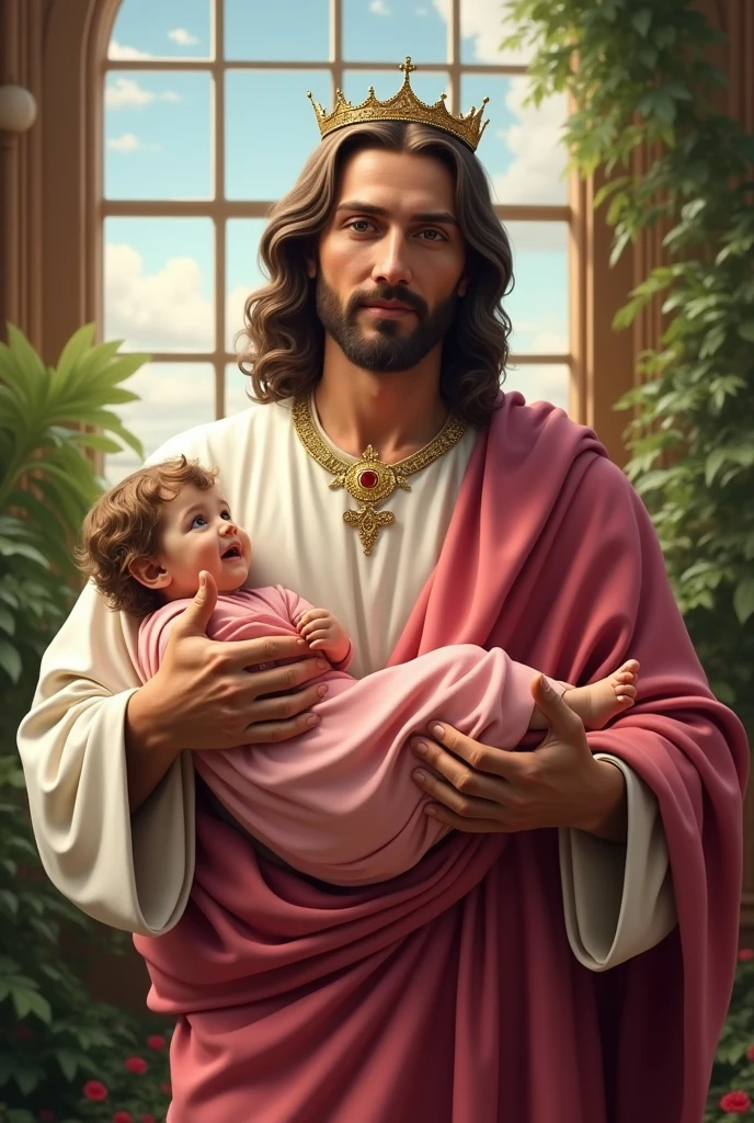 (photorealism:1.2), handsome Jesus Christ, carrying baby Jesus, wearing pink king clothes and crown, perfect five hands, perfect smiling face, elegant, soft lighting, plants in background, window with sunlight, many clouds, stand straight, realistic, intricate details, warm colors, by Earl Cornelio Necor