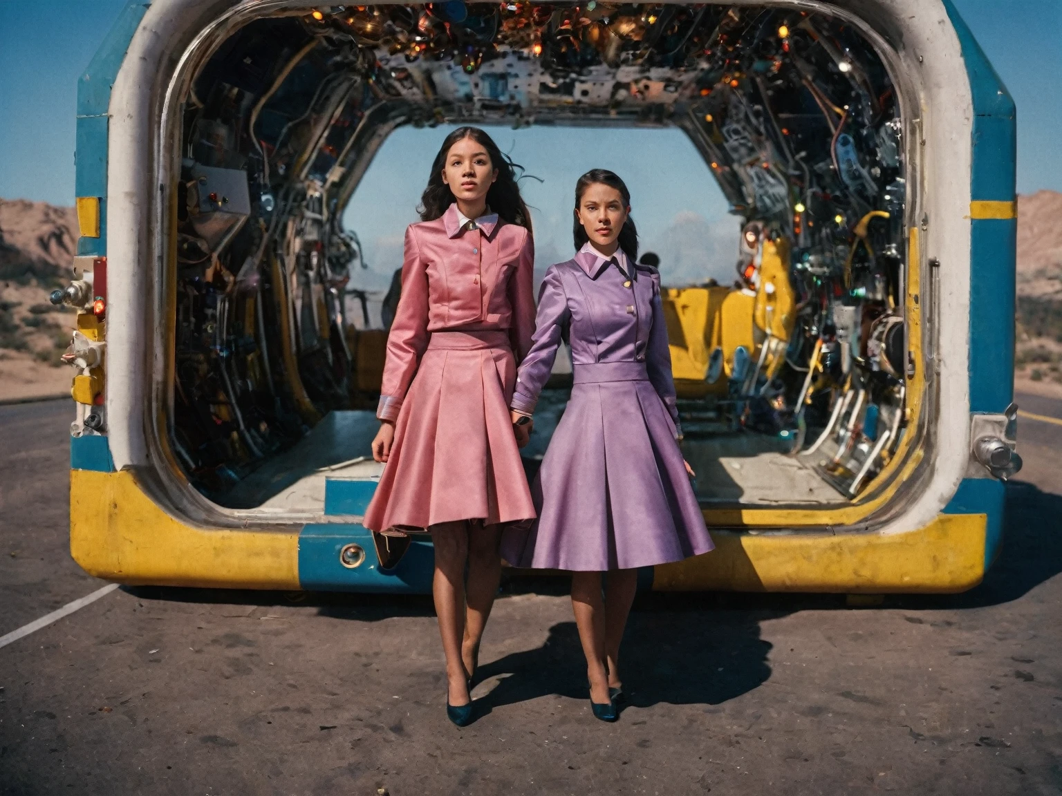 85mm photograph of Sapphic Space Lesbians, commanding spaceships, futuristic worlds, wearing (long pleated full circle skirts), uniform jackets and (girly low heel office shoes), (pronounced (girly) features), (very windy), skirts are flowing wildly in the wind, lesbian space stations, sci-fi, skirts in space, young girls wearing skirts, love skirts, empathy and compassion and love, (pronounced (feminine) features), (highly detailed ultra accurate realistic) hands and fingers, (windy), epic composition, highly detailed attributes, (35mm f1.4 Kodak portra 400 photograph), extremely high quality RAW photograph, highly detailed atmosphere, sci-fi, cinematic shot, dynamic lighting, 75mm, Technicolor, Panavision, cinemascope, sharp focus, fine details, 8k, HDR, realism, realistic, key visual, film still, superb cinematic color grading, depth of field