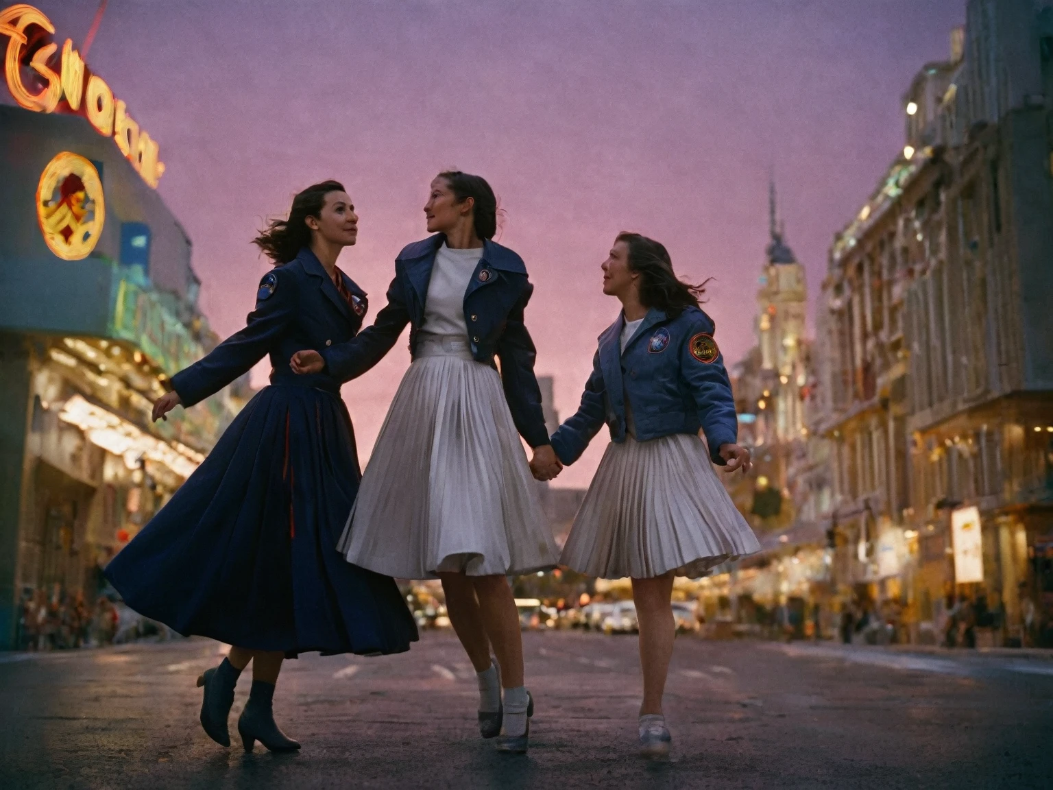 85mm photograph of Sapphic Space Lesbians, commanding spaceships, futuristic worlds, wearing (long pleated full circle skirts), uniform jackets and (girly low heel office shoes), (pronounced (girly) features), (very windy), skirts are flowing wildly in the wind, lesbian space stations, sci-fi, skirts in space, young girls wearing skirts, love skirts, empathy and compassion and love, (pronounced (feminine) features), (highly detailed ultra accurate realistic) hands and fingers, (windy), epic composition, highly detailed attributes, (35mm f1.4 Kodak portra 400 photograph), extremely high quality RAW photograph, highly detailed atmosphere, sci-fi, cinematic shot, dynamic lighting, 75mm, Technicolor, Panavision, cinemascope, sharp focus, fine details, 8k, HDR, realism, realistic, key visual, film still, superb cinematic color grading, depth of field