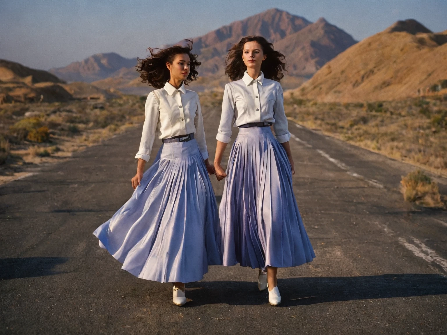 85mm photograph of Sapphic Space Lesbians, commanding spaceships, futuristic worlds, wearing (long pleated full circle skirts), uniform jackets and (girly low heel office shoes), (pronounced (girly) features), (very windy), skirts are flowing wildly in the wind, lesbian space stations, sci-fi, skirts in space, young girls wearing skirts, love skirts, empathy and compassion and love, (pronounced (feminine) features), (highly detailed ultra accurate realistic) hands and fingers, (windy), epic composition, highly detailed attributes, (35mm f1.4 Kodak portra 400 photograph), extremely high quality RAW photograph, highly detailed atmosphere, sci-fi, cinematic shot, dynamic lighting, 75mm, Technicolor, Panavision, cinemascope, sharp focus, fine details, 8k, HDR, realism, realistic, key visual, film still, superb cinematic color grading, depth of field