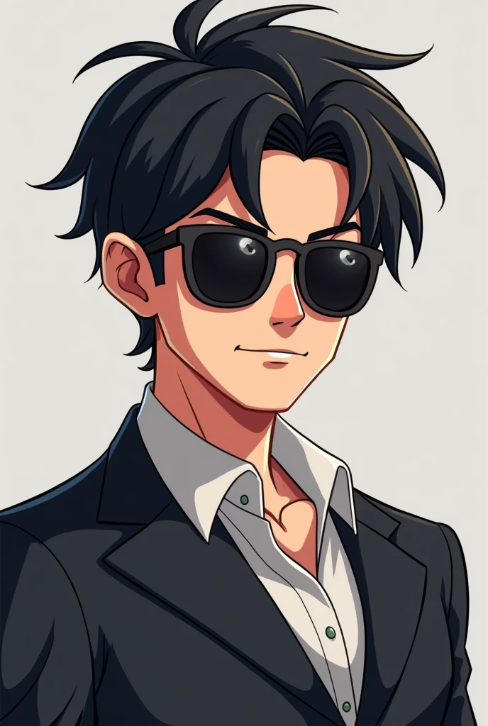 Cartoon enemy character, wearing a doing study
Sunglasses and decent and black hair, mature boy, 20 years years, old