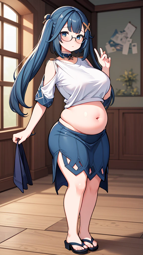 (masterpiece, best quality, highly detailed), 1girls, big belly, huge belly, art by kipteitei, round belly, chubby, curvy, belly grab, enormous belly, fat belly, thicc, bigger belly, really big belly, jiggly belly, shirt covering belly, belly cover by shirt, glasses, skirt, ((full body)), long hair