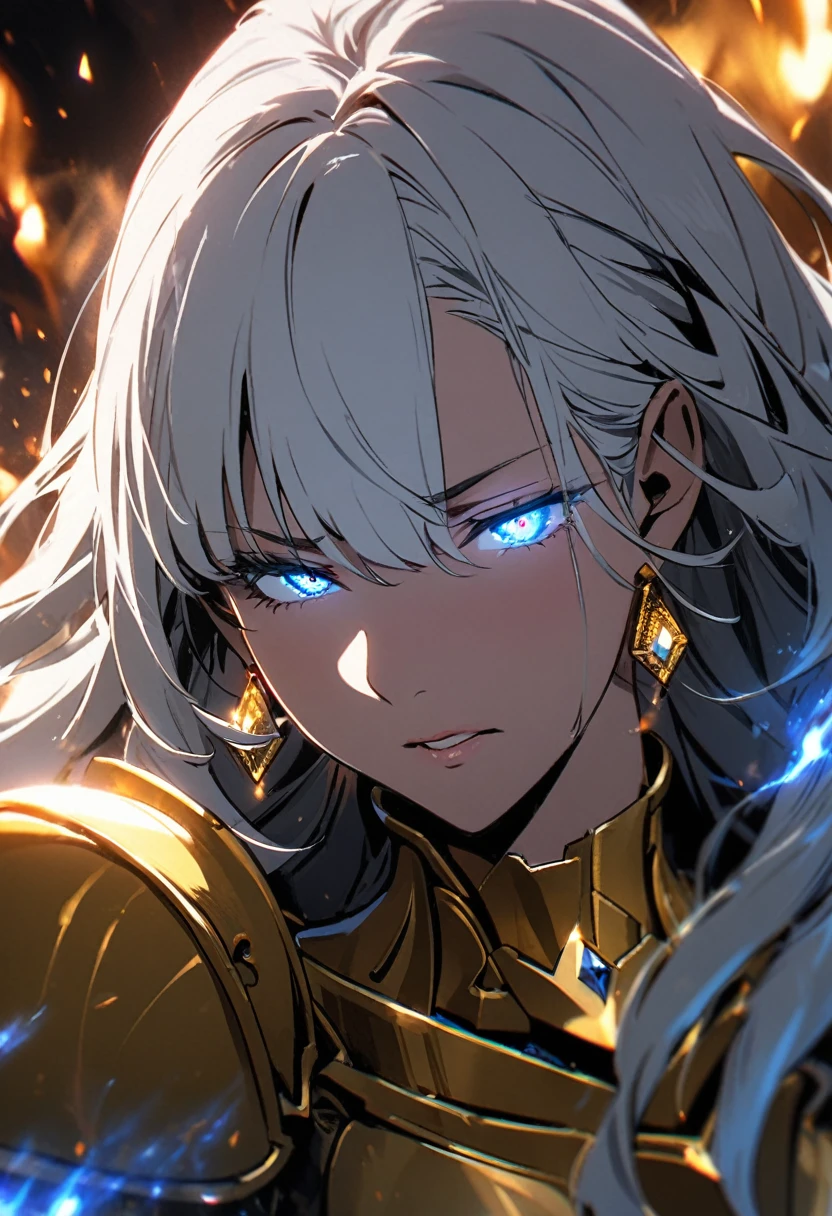 woman, blue eyes, long hair, white hair, mature, god eyes, diamond earings, glowing right eyes, two colors eyes, purple eyes, golden armor, injured, blood, dead, tears, glowing eyes, determination