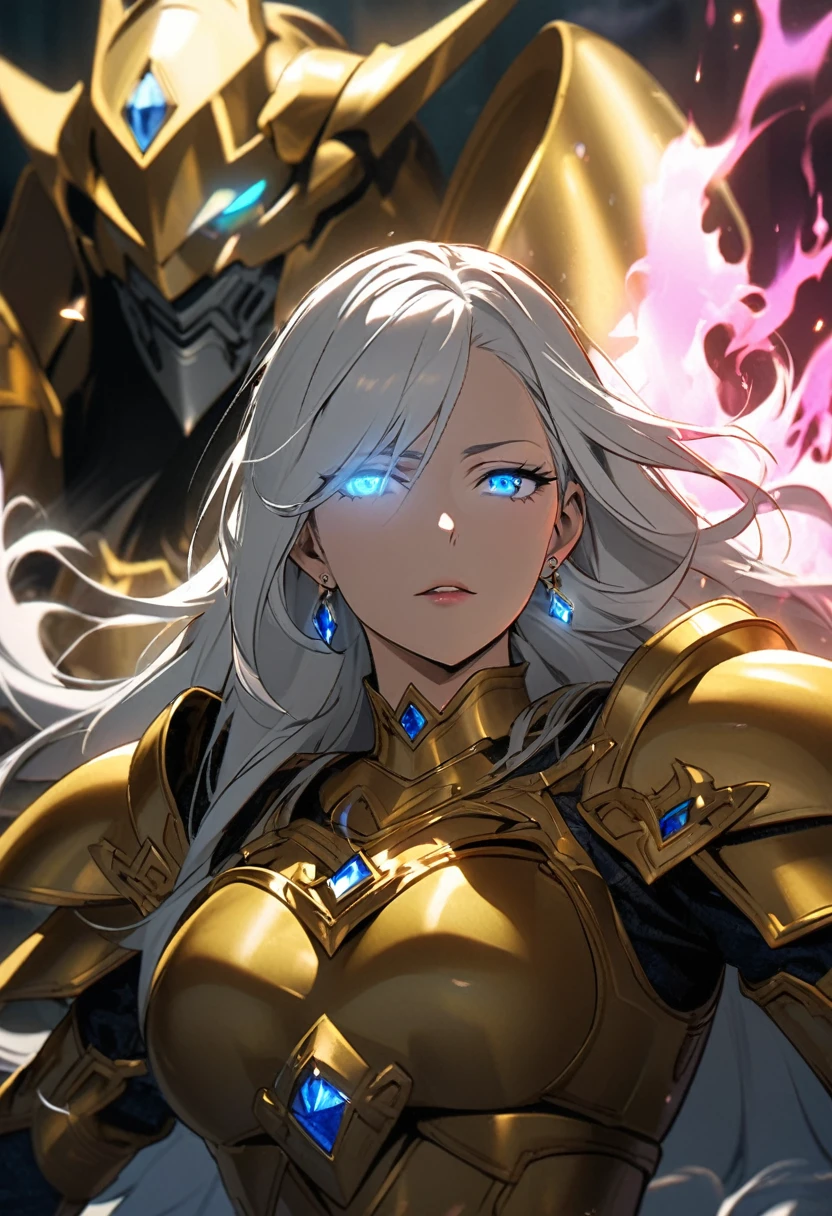 girl, blue eyes, long hair, white hair, mature, diamond earings, holo, aura , golden armor, macro picture, half eyes, glowing eyes