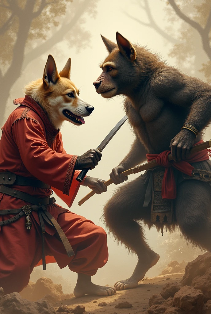 A battle between the dog samurai and the monkey samurai