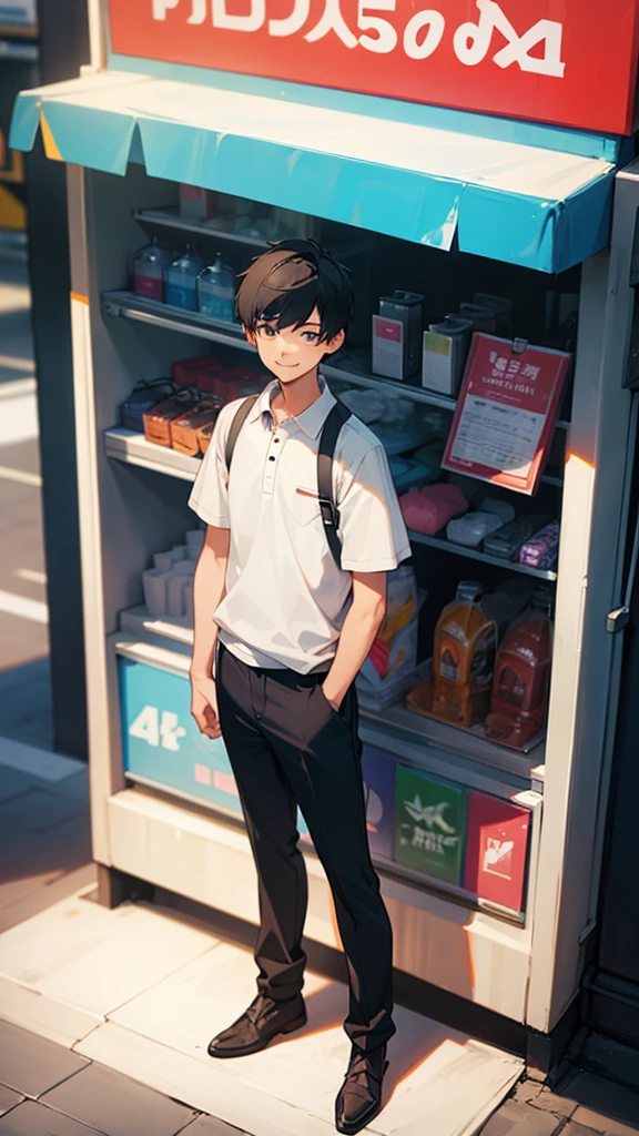 A boy , wear attractive clothes,smile good figure, standing outside the shop 3D