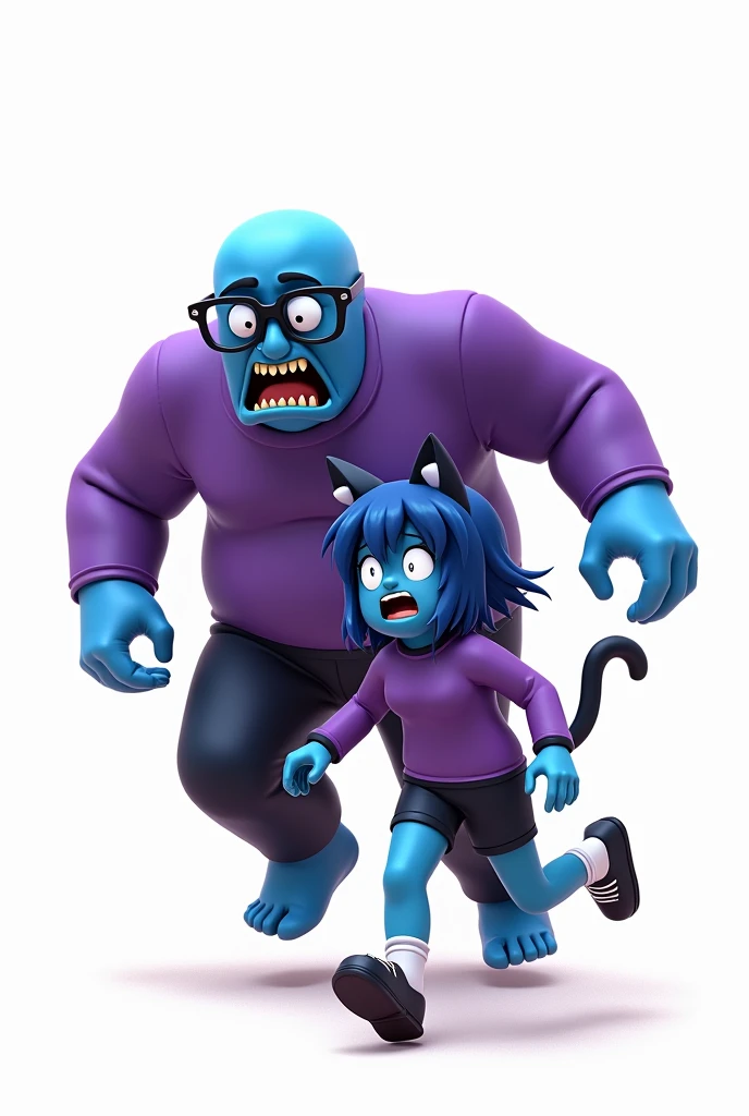 a bald guy, blue skin, wears glasses, purple shirt with long sleeves, black pants, crazy, very fat, scary, chasing an anime girl with blue skin, blue hair, cat ears blue, wears glasses, purple shirt with long sleeves, short black pants, wears white socks, have cat tail blue, scared expression, Roblox style, white background only, chasing scene