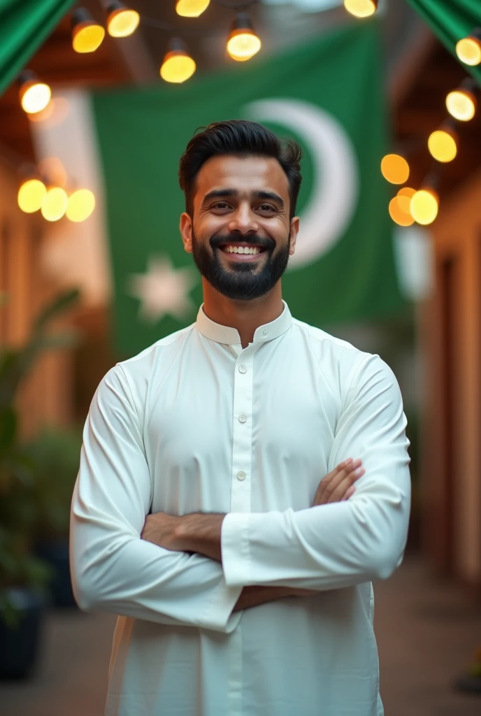 a handsome healthy  man in day light wearing white and green kurta shalwar on independence day, with a backgroun of blur lights and oakistan flag celebration