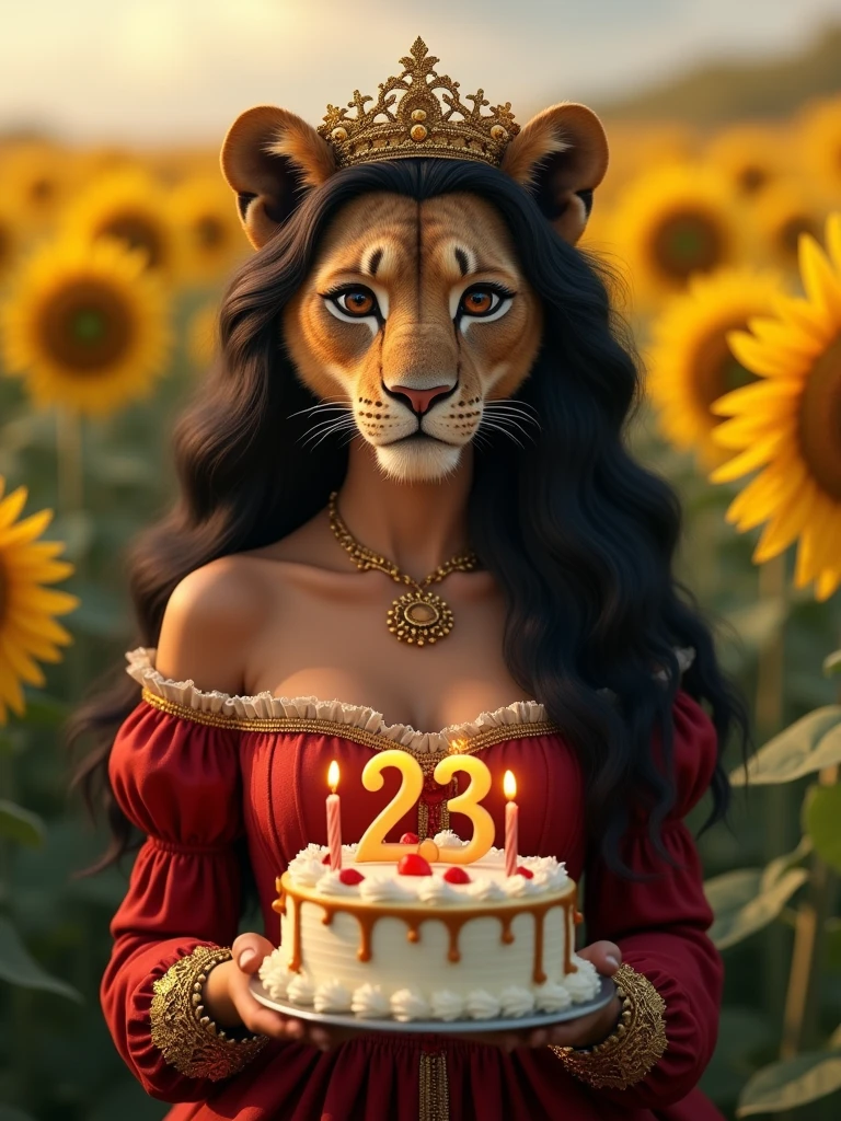 realistic image, (realistic, photorealistic, lioness face, female lioness head, anthropomorphic lioness, no humans in the image:1.15), (female lioness face, anthro, wavy long black hair, crown golden, brown eyes, wearing a detailed medieval red dress), in a sunflower field, holding a birthday cake (with the number 23 in the form of lit candles), looking at viewer, Above the image there is text "FELIZ ANIVERSARIO!", realistic, professional photograph, cinematic illumination,UHD, masterpiece, best quality, 8K