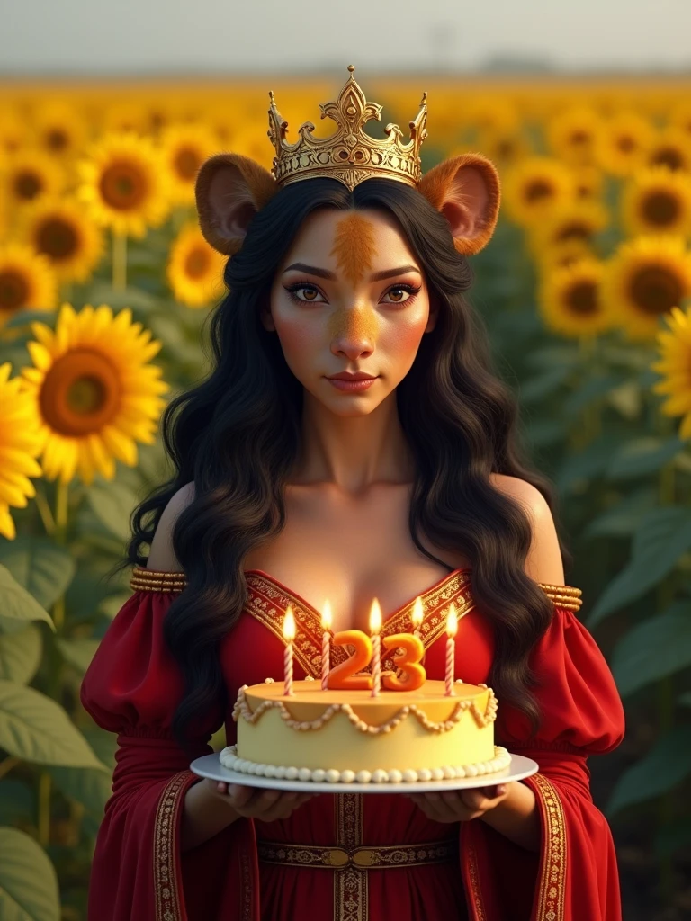 realistic image, (realistic, photorealistic, lioness face, female lioness head, anthropomorphic lioness, no humans in the image:1.15), (female lioness face, anthro, wavy long black hair, crown golden, brown eyes, wearing a detailed medieval red dress), in a sunflower field, holding a birthday cake (with the number 23 in the form of lit candles), looking at viewer, Above the image there is text "FELIZ ANIVERSARIO!", realistic, professional photograph, cinematic illumination,UHD, masterpiece, best quality, 8K