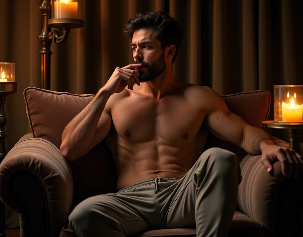A photorealistic image of a man seated on a plush, luxurious sofa in an intimate, candle-lit room. The man has a well-toned but not overly muscular physique, with a naturally hairy chest and arms that add to his rugged appeal. He sits elegantly, half-naked, wearing only a pair of loose-fitting pants, his upper body exposed. The soft, warm glow from the surrounding candles casts gentle shadows across his defined abs and broad shoulders, highlighting the natural contours of his body. The man’s expression is subtly intense, his eyes half-closed as he brings his hand to his mouth. His tongue gently touches his fingers as he sensually licks them, creating a suggestive and intimate moment. His posture is relaxed yet confident, with one arm draped casually over the back of the sofa while the other hand is engaged in this intimate gesture. The dim lighting and flickering candlelight accentuate the atmosphere, making the scene feel private and deeply personal. The setting is rich and inviting, with soft, velvet cushions on the sofa and dark, elegant drapes framing the room. The flickering candles, placed strategically around the room, cast a warm, golden light that adds to the seductive ambiance. The room is filled with a mix of deep shadows and highlights, creating a visually captivating contrast that draws attention to the man’s actions and the texture of his skin. The overall composition is designed to evoke a strong, alluring atmosphere, with the man’s relaxed yet provocative pose and the intimate, candle-lit setting, creating a scene that is meant to captivate and excite the viewer, especially women.