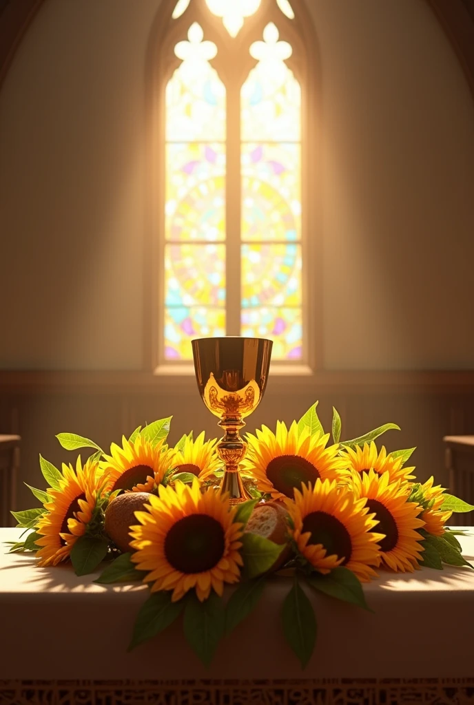 Chalice and bread in alter surrounded by sunflower in church