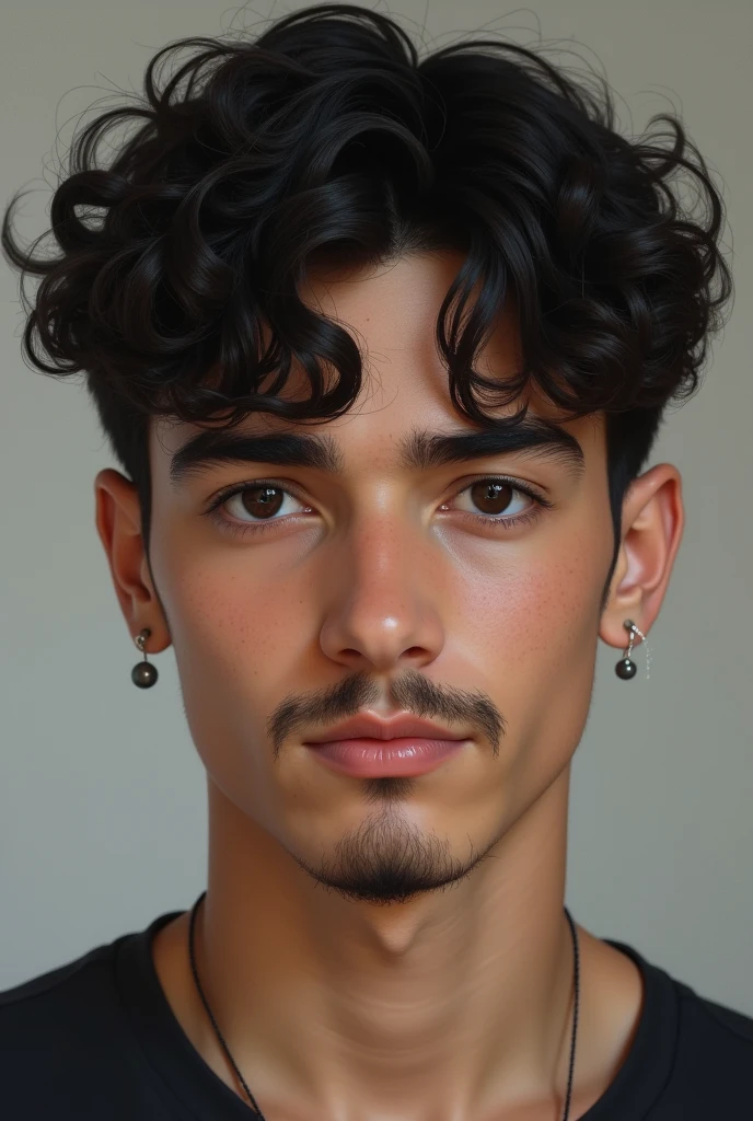 16 year old male with black eyes and curly hair with large eyebrows and a mustache and a mole on his chin with hair, sem brincos e sem piercing