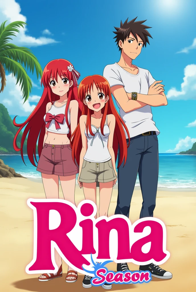 A poster for the show "Rina" Season 4
Rina is a human with red hair with bangs her friend Alexa and her boyfriend Lewis at the beach