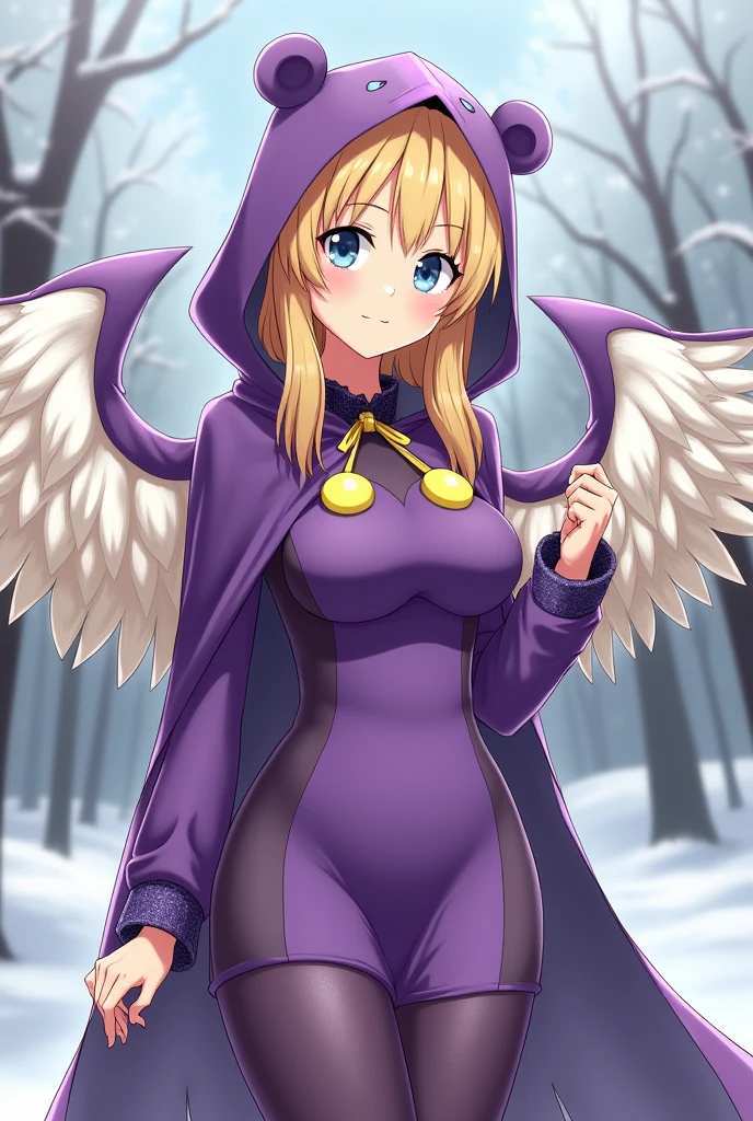 woman, anime, purple bodycon dress, yellow elements, Anthropomorphic, bear, wings, Moscow, winter, cape, without hood