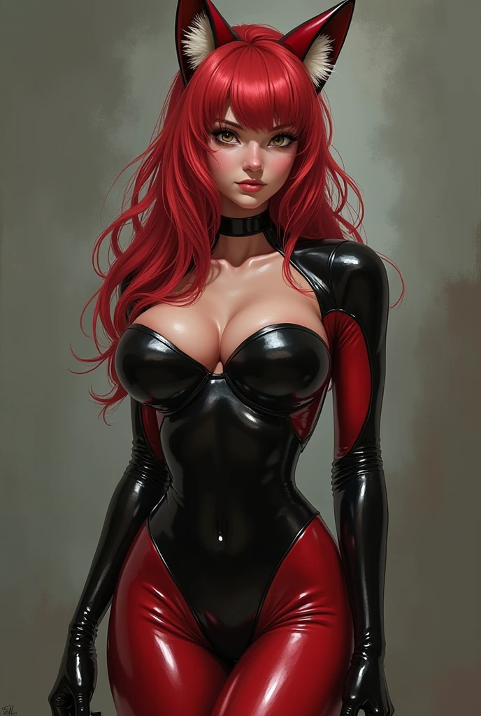 gorgeous Irish woman, cleavage, leather bodysuit, red hair, (freckles)