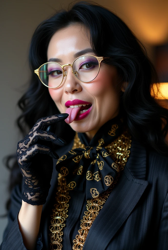 With long, curly black hair、Heavy makeup and purple eyeshadow、Around her neck she wears a ribbon-shaped satin black and gold chain patterned scarf.、Wearing gold-rimmed glasses、Wearing long gloves made of black rose lace、A Japanese woman in her 40s wearing a striped suit licks her fingers with her tongue