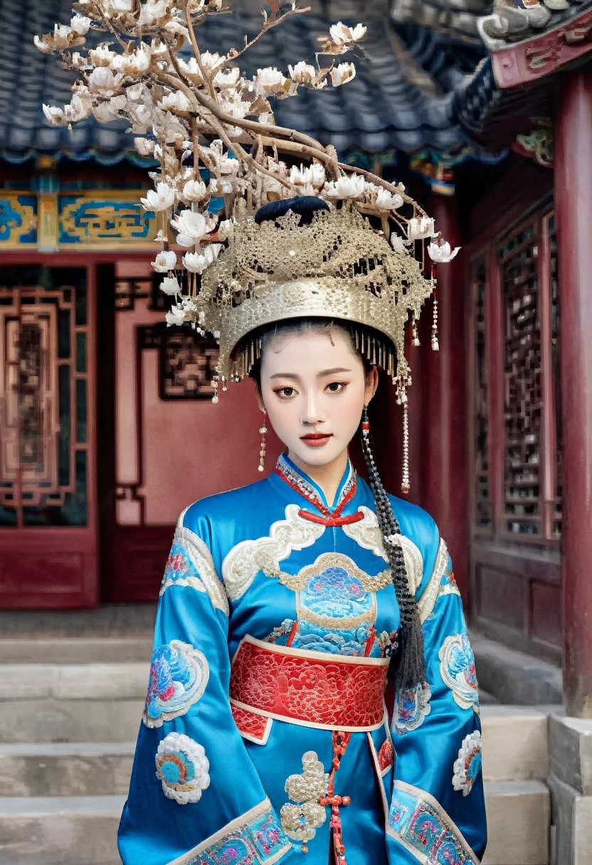 Cobblestones outside a Chinese palace during the Qing Dynasty letter M（Porn Pose） A gorgeous Chinese imperial empress with her hair tied on both sides and wearing a crown、Background of kinky and erotic woman tying her hair、The story is set in the luxurious rooms of an empress in the Chinese imperial court during the Qing dynasty.。