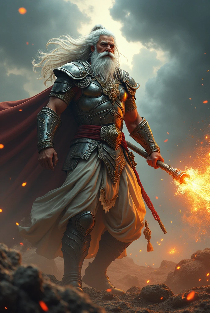 Here’s a detailed prompt for Bhishma Pitamah in an angry pose while holding the Brahmastra:

"Create a powerful and intense image of Bhishma Pitamah, the legendary warrior from the Mahabharata, in a moment of rage. He stands tall, his long white beard flowing with the wind, and his eyes blazing with fury. He is holding the Brahmastra, a divine weapon, glowing with an otherworldly energy in his hand. The background shows a stormy battlefield with dark clouds swirling overhead, reflecting the intensity of the scene. Bhishma's armor gleams with a metallic sheen, and his posture is both regal and commanding, ready to unleash the immense power of the Brahmastra."

This prompt should capture the dramatic and powerful essence of Bhishma Pitamah in this scene.