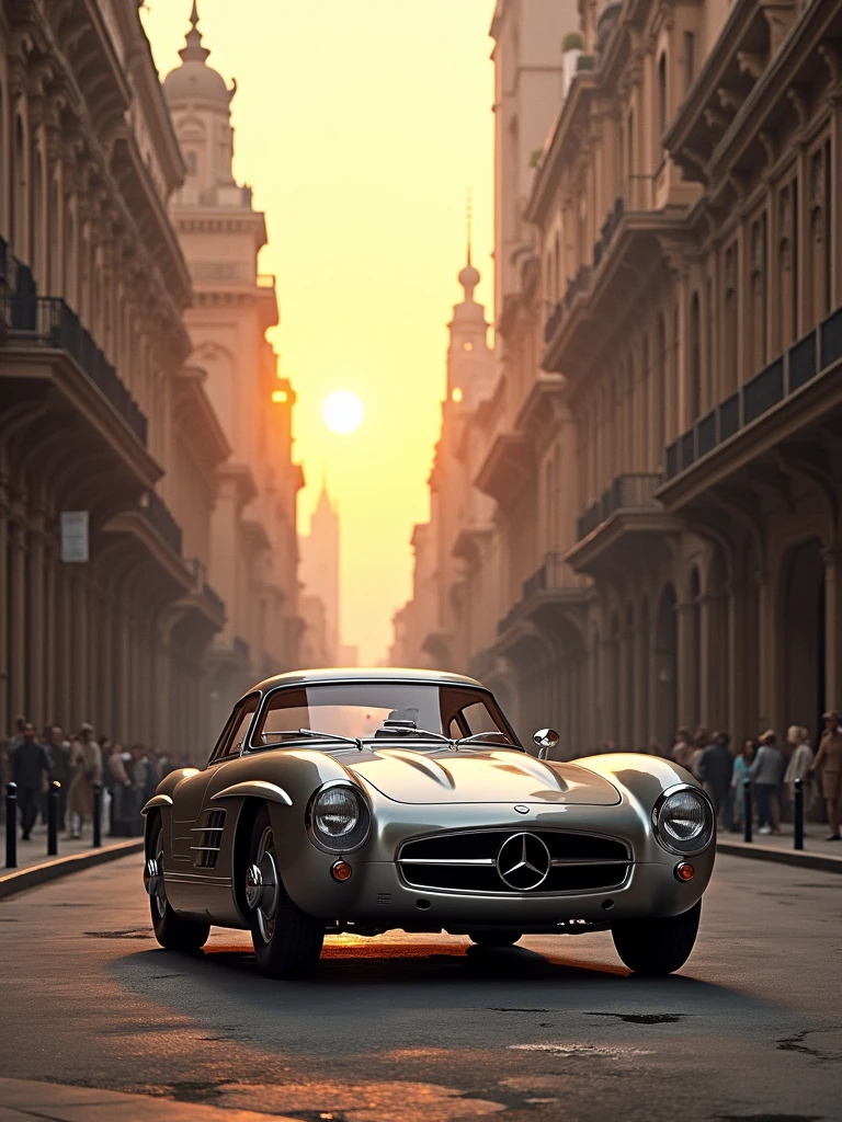 the Mercedes-Benz 300 SLR Uhlenhaut driving through an ancient yet developed city street. The scene combines historical architecture with modern elements, highlighted by the warm glow of a sunset.