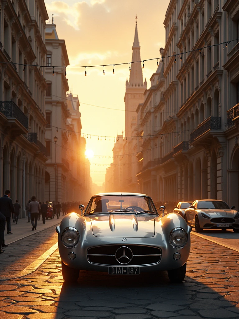 the Mercedes-Benz 300 SLR Uhlenhaut driving through an ancient yet developed city street. The scene combines historical architecture with modern elements, highlighted by the warm glow of a sunset.