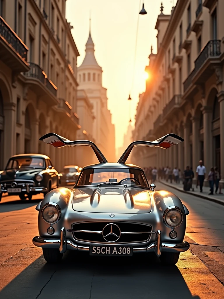 the Mercedes-Benz 300 SLR Uhlenhaut driving through an ancient yet developed city street. The scene combines historical architecture with modern elements, highlighted by the warm glow of a sunset.