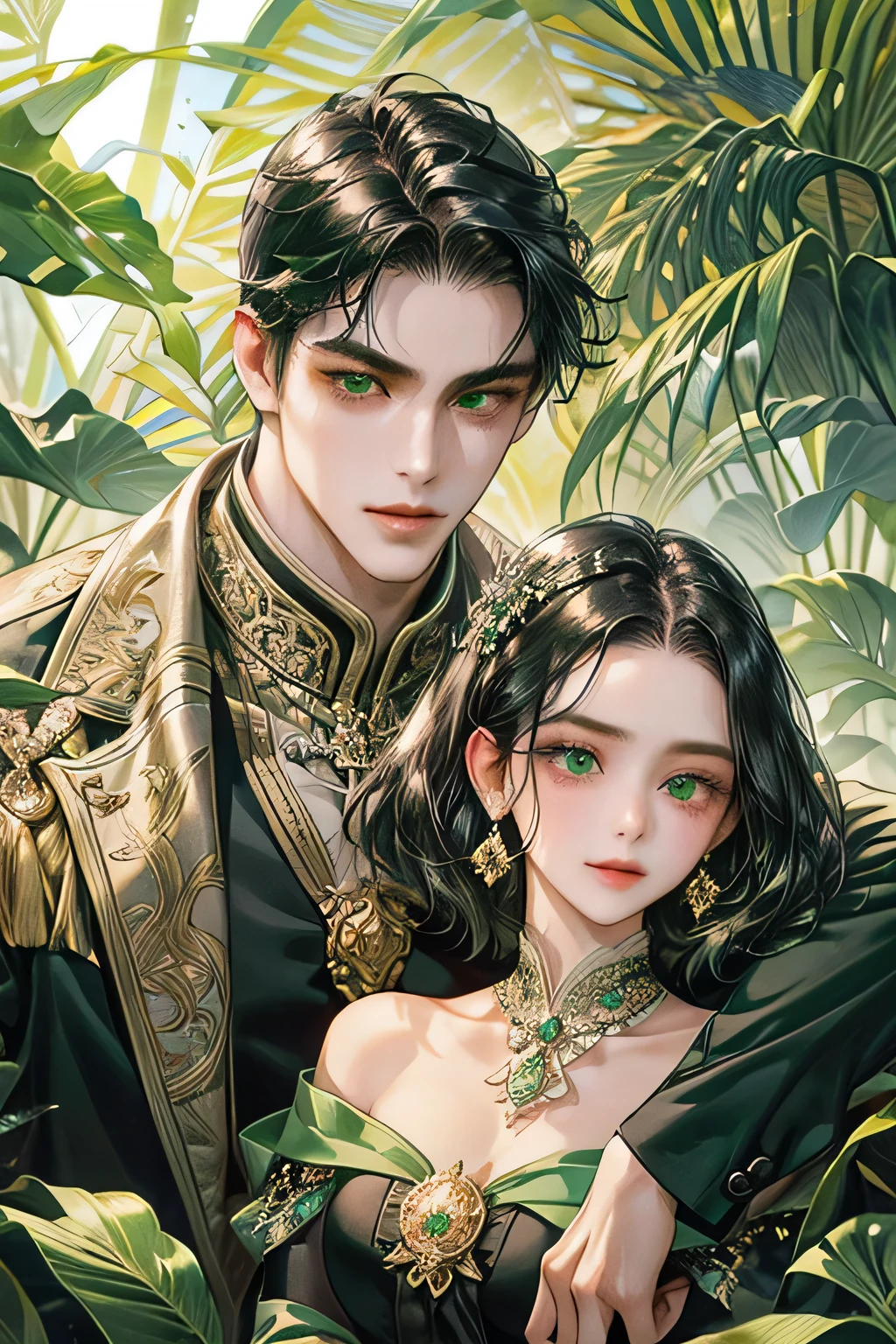 Couple, black hair, javanese prambanan style, masterpiece, best quality, realistic, romantic and charming, 29 years old, light green eyes, serious, extremely detailed face, smile,, ((short-right-swept dark black hair)), [ eyebrows], green suit , accurate, detailed