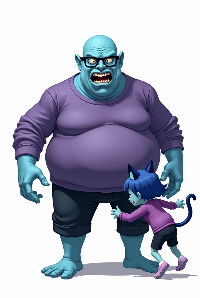a bald guy, blue skin, wears glasses, purple shirt with long sleeves, black pants, crazy, very fat, scary, chasing an anime kawaii girl with blue skin, blue hair, cat ears blue, wears glasses, purple shirt with long sleeves, short black pants, wears white socks, have cat tail blue, scared expression, Roblox style, white background only, chasing scene