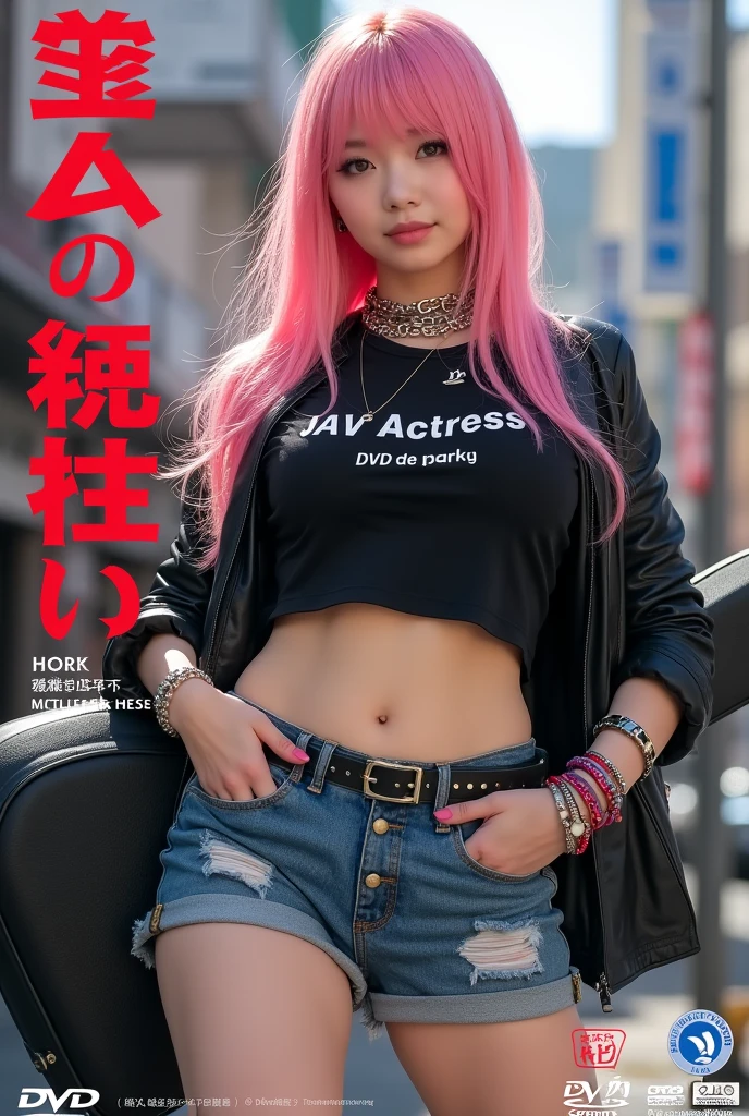(((A little chubby, big breasts, big buttocks))), ((((Woman's ridiculously large breasts change, slender curves, big , big breasts, big , super beautiful woman, whip-smacking body)))), adult video poster layout, text on screen: "BAND GIRL Shocking AV debut!! ★ MIRU KOGURE ",(((Japanese woman with large black guitar case)))), 26 year old adult woman wearing black crew neck top with large English letters "JAV Actress" on her chest and short blue jeans posing for a photo shoot, big breasted female porn actor, dynamic pose, rock music magazine model pose,. Japanese female fashion model, (((very bright pink hair))), happy expression, thick chain accessories on neck and arms, (((in front of Asakusa strip theater))), pure beautiful smile, intelligent face, slender curves, large breasts, wearing black t-shirt, small leather jacket Wearing black T-shirt, very small leather jacket, denim shorts, (((extreme low angle))), null, Bill, holding black guitar case with guitar strap, (((DVD mark, Blu-ray mark))).