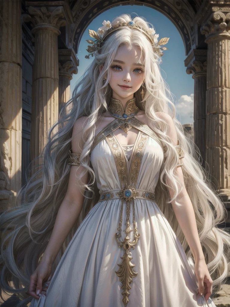 ((Highest quality)), ((masterpiece)), (detailed), White hair that glows pale in seven colors、Long Wavy Hair、Curly long hair、The forehead is protruding、Dawn-colored eyes、beautiful girl、human、One person、flower、Smile、curly hair,Ancient Greek and Roman Dresses、One personのbeautiful girl