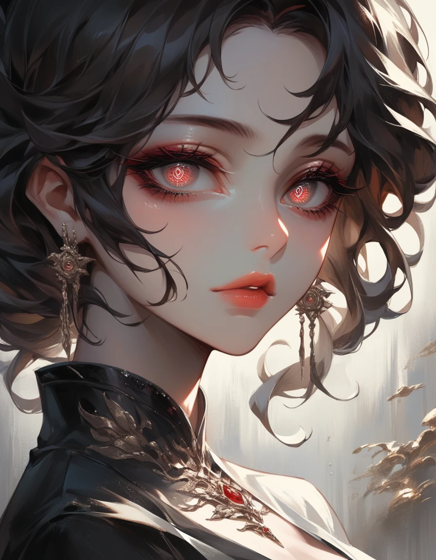 beautiful detailed eyes, beautiful detailed lips, extremely detailed eyes and face, long eyelashes, 1girl, red pupils, fantasy, digital painting, oil painting, concept art, intricate, elegant, highly detailed, cinematic lighting, dramatic lighting, chiaroscuro, dark moody, muted colors, deep colors, rich colors