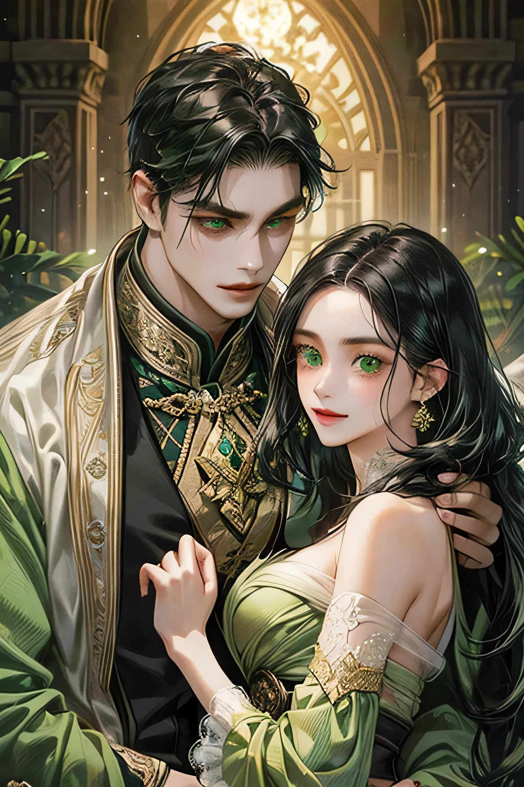 Couple, black hair, javanese prambanan style, masterpiece, best quality, realistic, romantic and charming, 29 years old, light green eyes, serious, extremely detailed face, smile,, ((short-right-swept dark black hair)), [ eyebrows], green suit , accurate, detailed