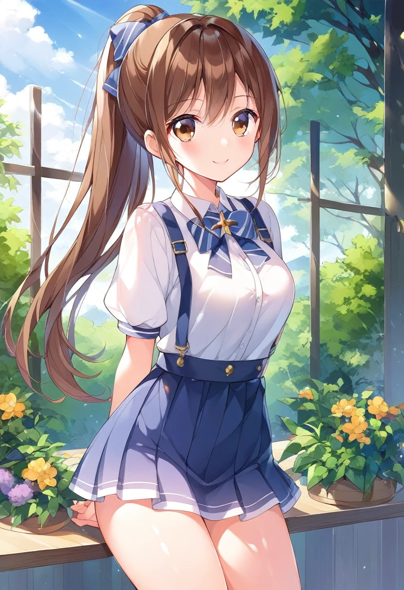 A somewhat reserved and quiet type of girl、Exact number of legs、Exact number of arms、Brown hair in a ponytail、Brown eyes、The eyes are slightly droopy.、Age-appropriate junior high school girl、Adult-like clothing、garden、smile、standing、arms behind back、Anime Girls, 魅惑的なAnime Girls, anime style, Best anime girl, Small curves, rei hiroe,  style, Anime Moe Art Style, Cute girl anime visuals, Beautiful attractive anime teen,