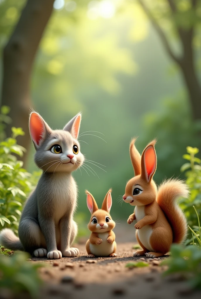 Cat, rabbit and squirrel are in one pic.
