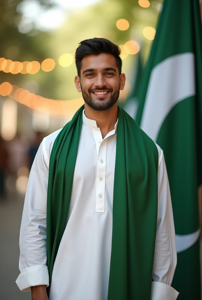 a handsome healthy  man in day light wearing white and green kurta shalwar with beautiful green muffler on shoulders on independence day, with a backgroun of blur lights and oakistan flag celebration