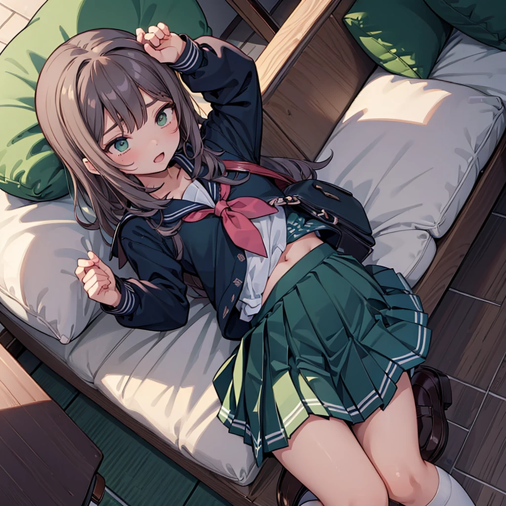 ((((sexy))))メジロマックイーン, 1girl, breasts, skirt,  1boy, school uniform, hetero, censored, serafuku, solo focus, bag, pillow, pov, stuffed toy, stuffed animal, green skirt, school bag, teddy bear, ooarai school uniform, id card, skirt removed