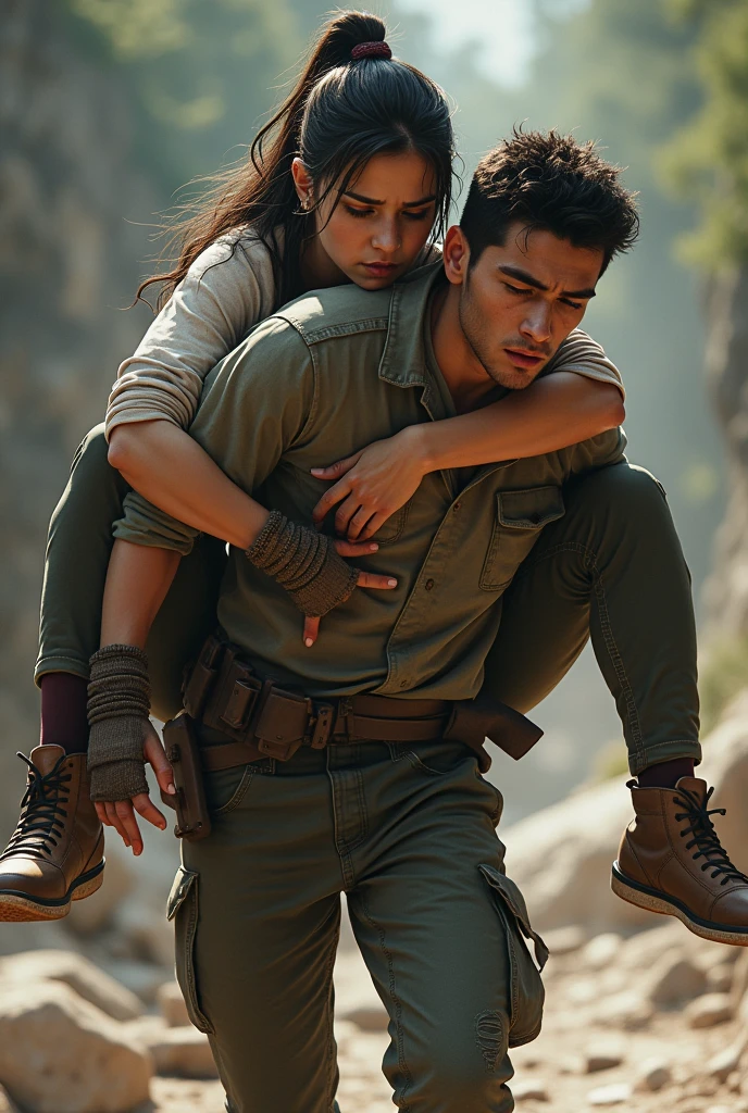 A strong girl lift up a injured boy on her front
