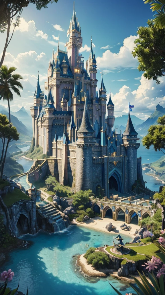 ((最high quality, 8K, masterpiece: 1.3, Ultra HD, high quality, 最high quality, High resolution, realism)) 、(fantasy castle in paradise:1.4) 