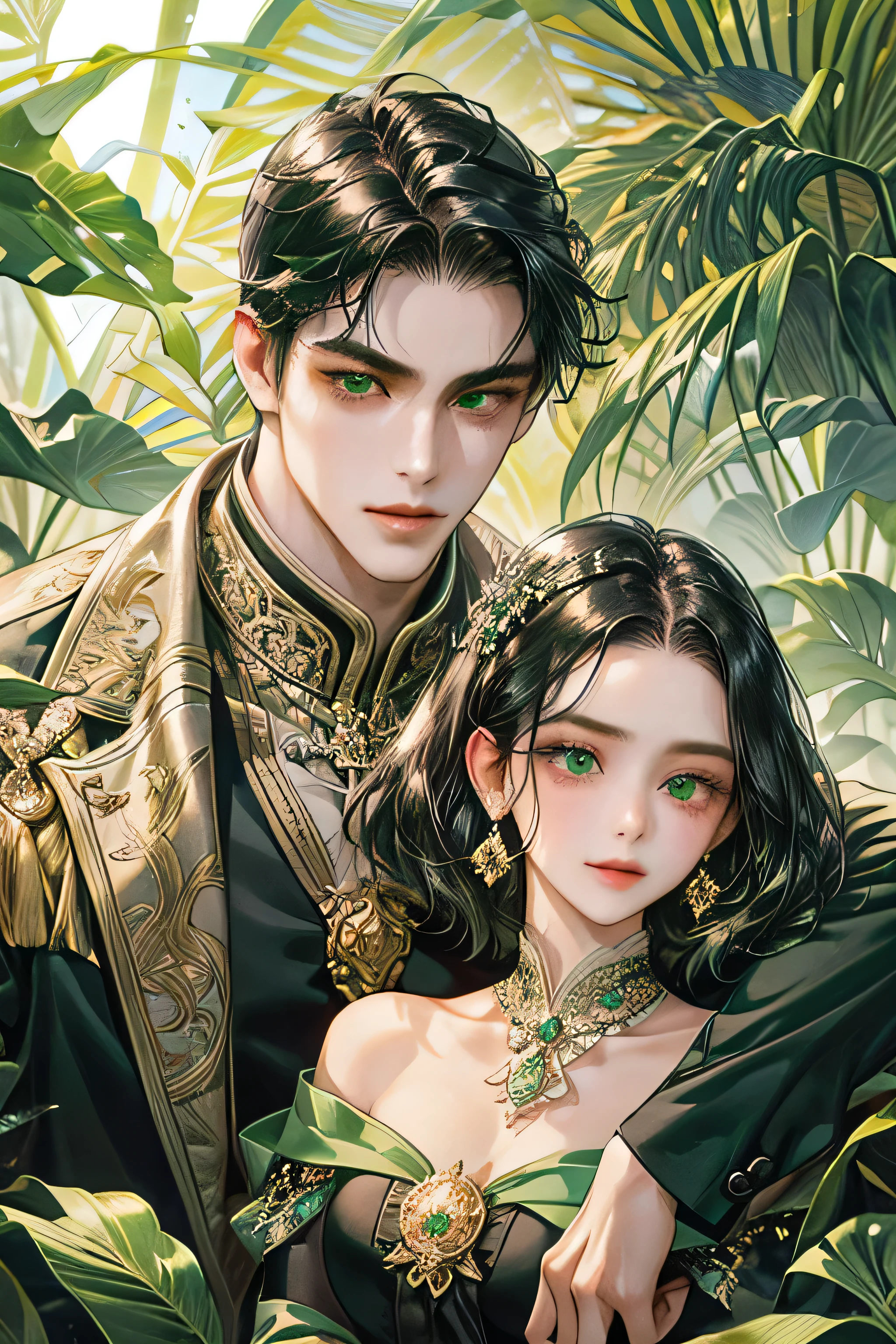 Couple, black hair, javanese prambanan style, masterpiece, best quality, realistic, romantic and charming, 29 years old, light green eyes, serious, extremely detailed face, smile,, ((short-right-swept dark black hair)), [ eyebrows], green suit , accurate, detailed