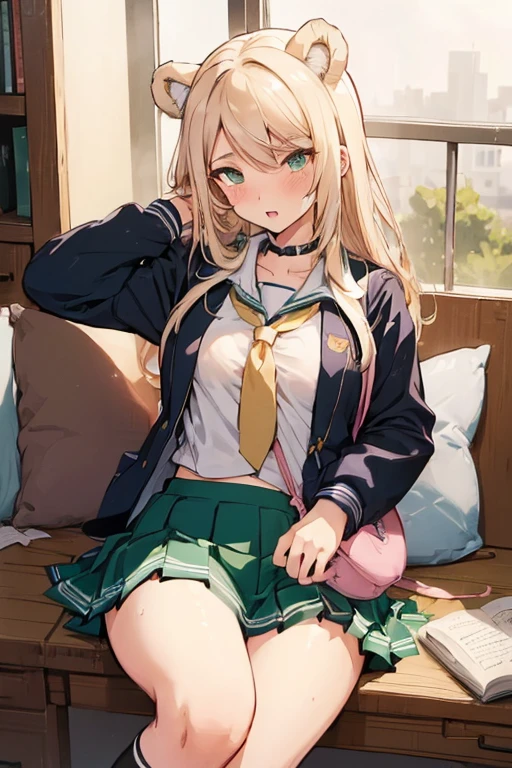 ((((sexy))))メジロマックイーン, 1girl, breasts, skirt,  1boy, school uniform, hetero, censored, serafuku, solo focus, bag, pillow, pov, stuffed toy, stuffed animal, green skirt, school bag, teddy bear, ooarai school uniform, id card, skirt removed