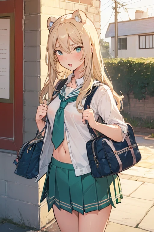 ((((sexy))))メジロマックイーン, 1girl, breasts, skirt,  1boy, school uniform, hetero, censored, serafuku, solo focus, bag, pillow, pov, stuffed toy, stuffed animal, green skirt, school bag, teddy bear, ooarai school uniform, id card, skirt removed