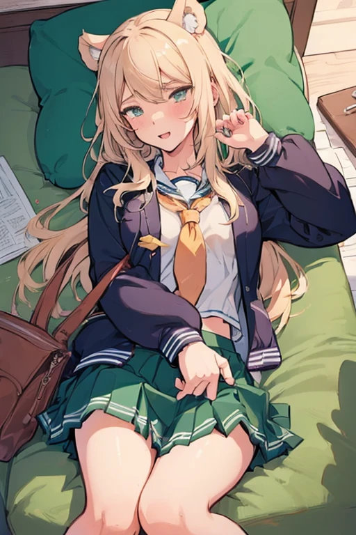 ((((sexy))))メジロマックイーン, 1girl, breasts, skirt,  1boy, school uniform, hetero, censored, serafuku, solo focus, bag, pillow, pov, stuffed toy, stuffed animal, green skirt, school bag, teddy bear, ooarai school uniform, id card, skirt removed