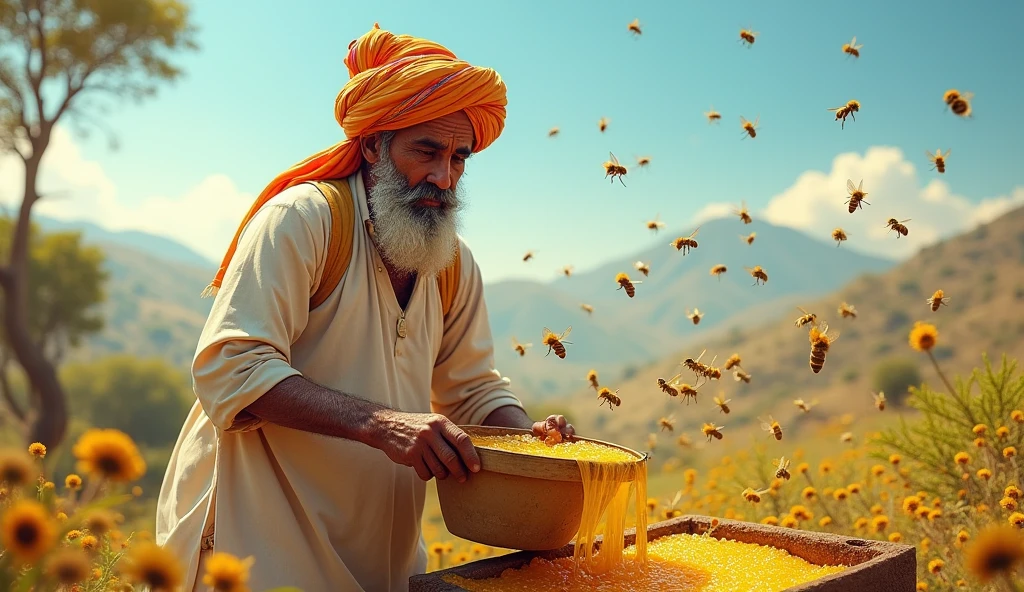 A Rajasthani man with a turban on his head & white dress is collecting honey from bees. He has a bucket in his hand to pour honey and bees are flying all around