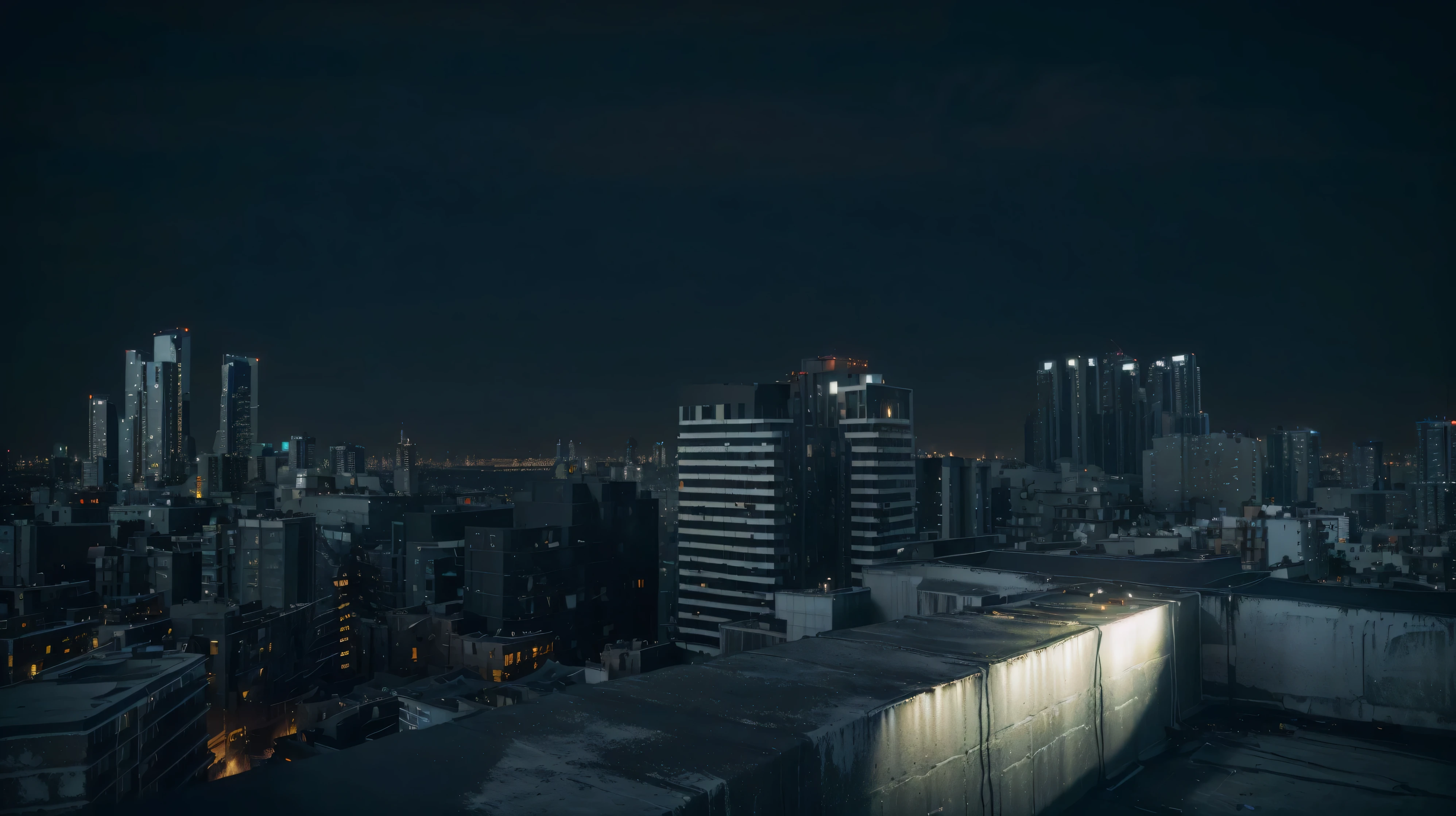 Night view of the city with high-rise buildings, New black background, Textured city at night, The defeated city. New black style, Movie night lights, Dark movie lighting, Cinematic lens, Night Rendering, City roof, Night movie lighting, Beautiful, cinematic lighting, Night city landscape, Good movie lighting, screenshot, Moderate mood lighting