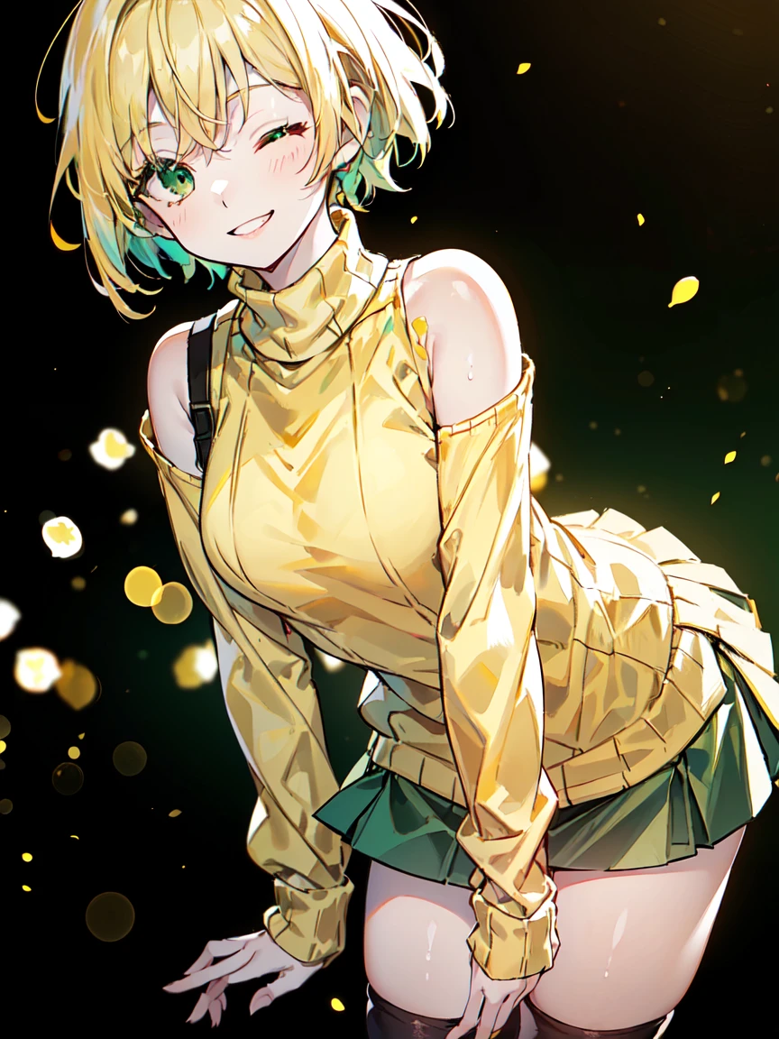 ((masterpiece)), ((Pale skin)), (Bokeh effect), (Dynamic Angle), (Blurred Background:1.3), Sharp eyes, (alone:1.2), (woman:1.1), (blonde:1.1), (Yellow Sweater:1.5), (Green short skirt:1.5), (short hair:1.1), Bare shoulders, (Black knee socks:1.2), (No sleeve:1.2), (turtleneck:1.2), (smile:1.2), (Eyes closed:1.3)